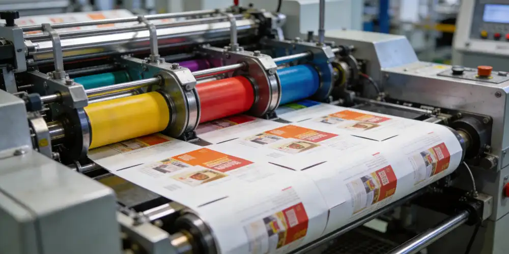 Modern flexographic printing machine with multiple color stations, showing the printing process on paper packaging materials, clean industrial design, technical details visible