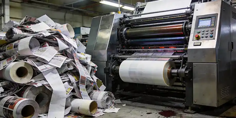 Pile of discarded printed substrate rolls next to a running press, highlighting material waste