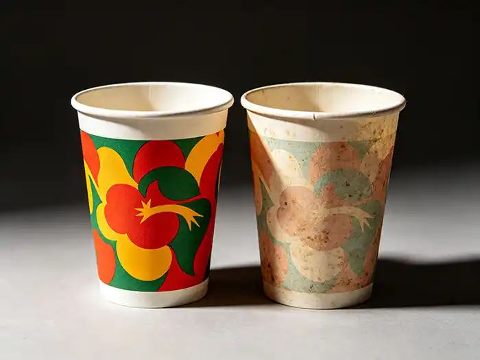 Side-by-side comparison of two paper cups—one with crisp, vibrant printing and one with faded, misaligned graphics