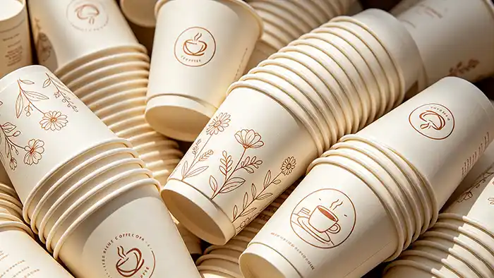 Stack of finished paper cups with various designs—minimalist logo, floral pattern, coffee-themed illustration