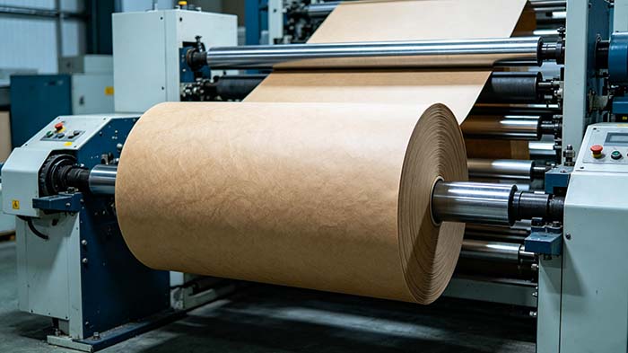 A wide roll of kraft liner entering the unwind station of a flexographic preprint line