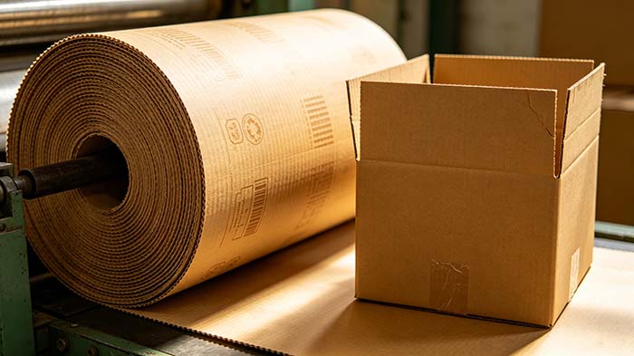 A rewound roll of printed corrugated liner next to a finished box