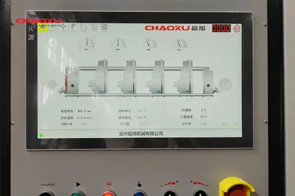 Close-up of a changeover clock showing 12 minutes on a unit press control panel