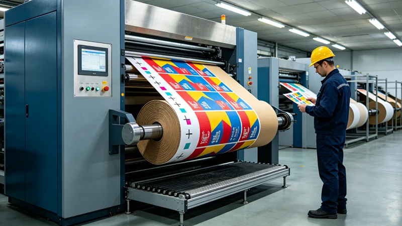 A corrugated flexo press showing printed linerboard exiting the final station with visible registration marks