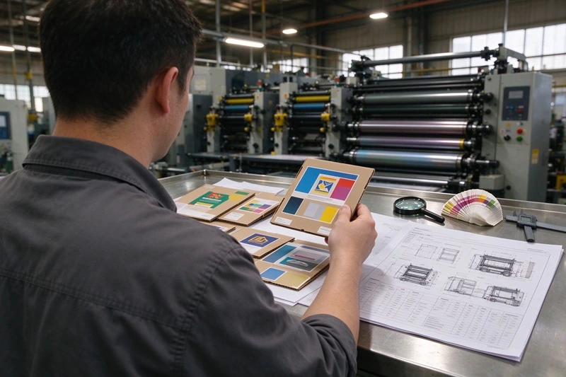 A production manager reviewing board samples alongside a flexo press specification sheet